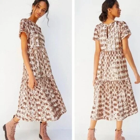 Anthropologie Maeve Bernadette Rose Gold Sequin Tiered Midi Dress Size M - Picture 1 of 17